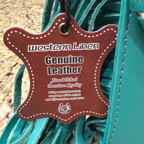 NWT  Teal Leather Fringe Cowhide Crossbody Bag with Turquoise Accent - Picture 5 of 14